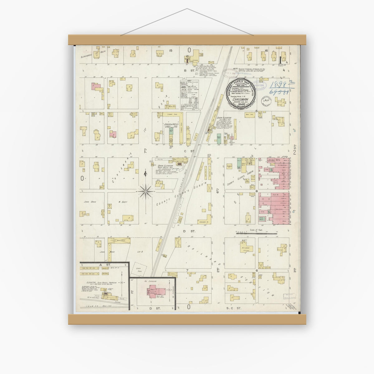 Old map wall art mockup — magnetic wood frame on white wall — Sanborn Fire Insurance Map from Chrisman, Edgar County, Illinois (1898), Sheet #0001