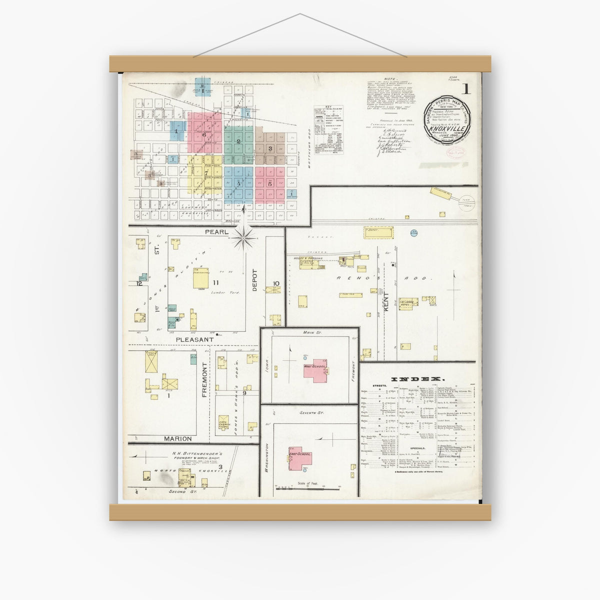 Old map wall art mockup — magnetic wood frame on white wall — Sanborn Fire Insurance Map from Knoxville, Marion County, Iowa (1893), Sheet #0001