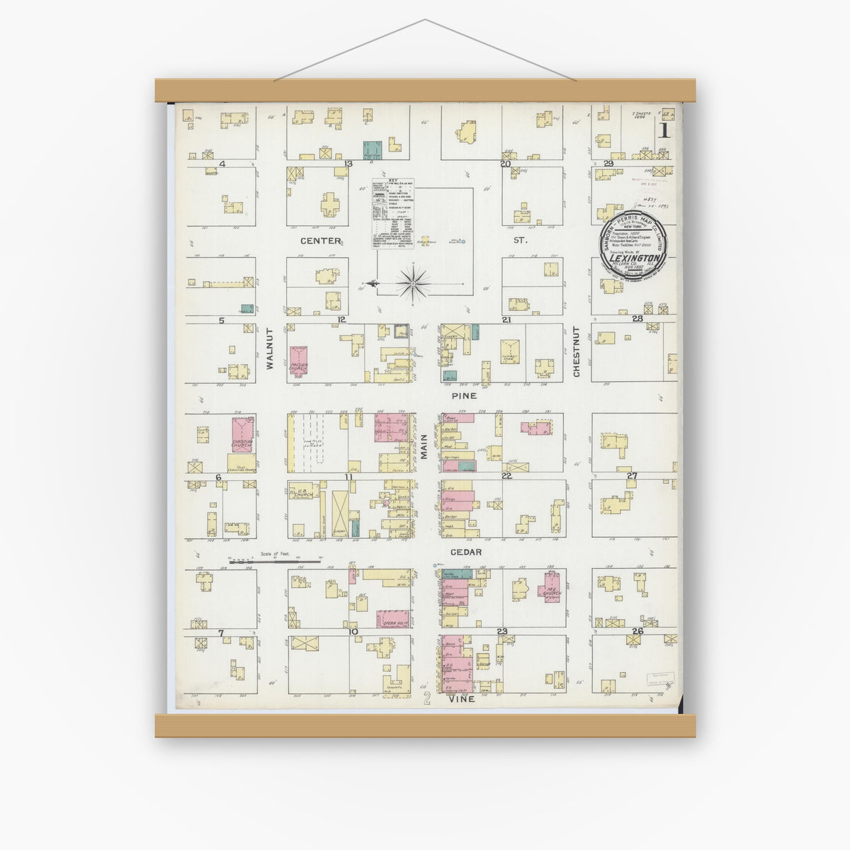 Old map wall art mockup — magnetic wood frame on white wall — Sanborn Fire Insurance Map from Lexington, McLean County, Illinois (1892), Sheet #0001