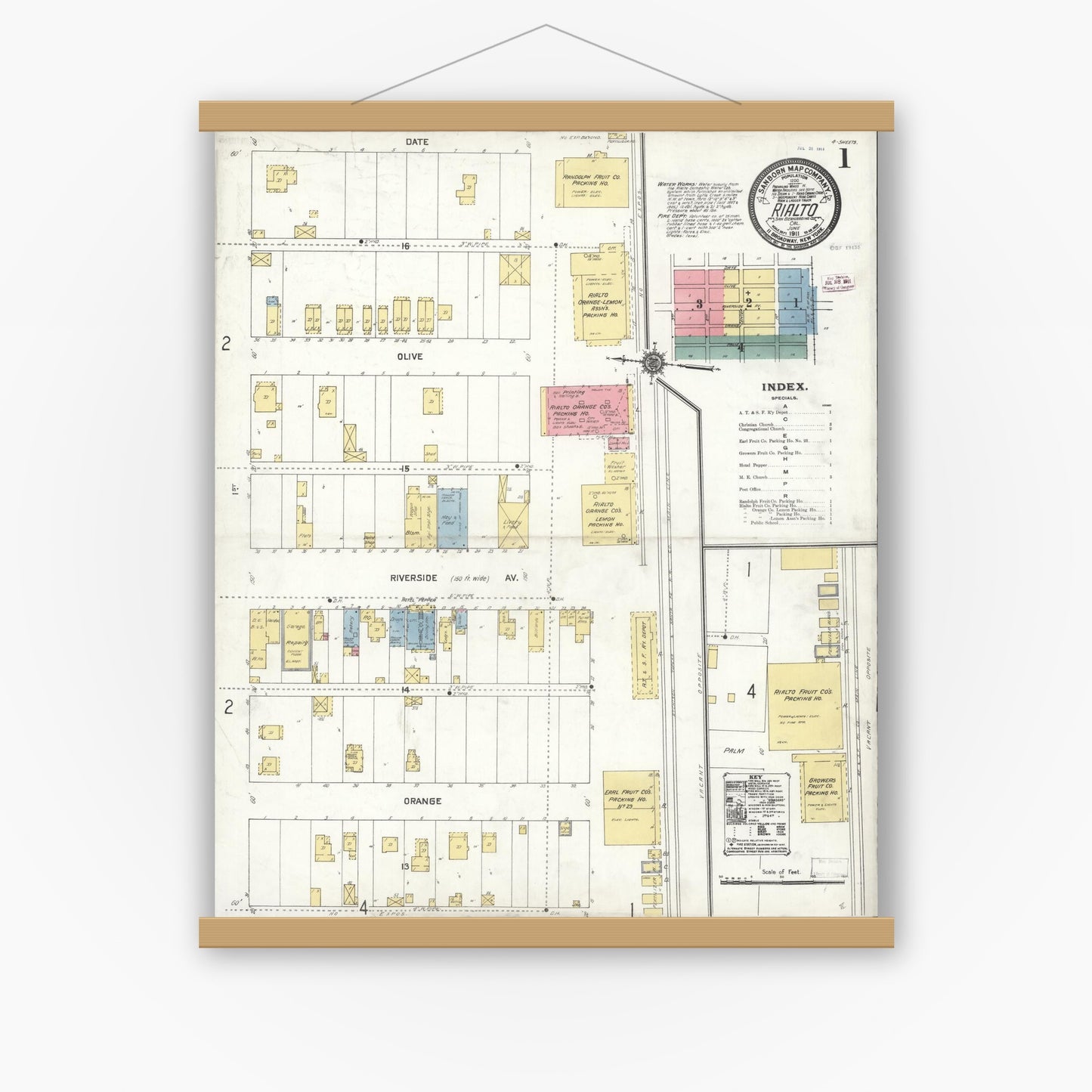 Old map wall art mockup — magnetic wood frame on white wall — Sanborn Fire Insurance Map from Rialto, San Bernardino County, California (1911) - Complete Map Set