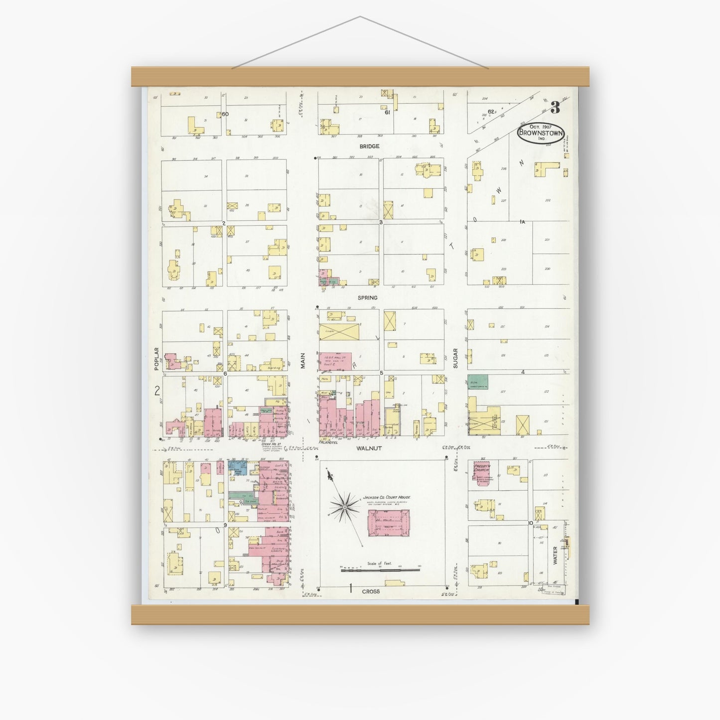 Old map wall art mockup — magnetic wood frame on white wall — Sanborn Fire Insurance Map from Brownstown, Jackson County, Indiana (1907), Sheet #0003