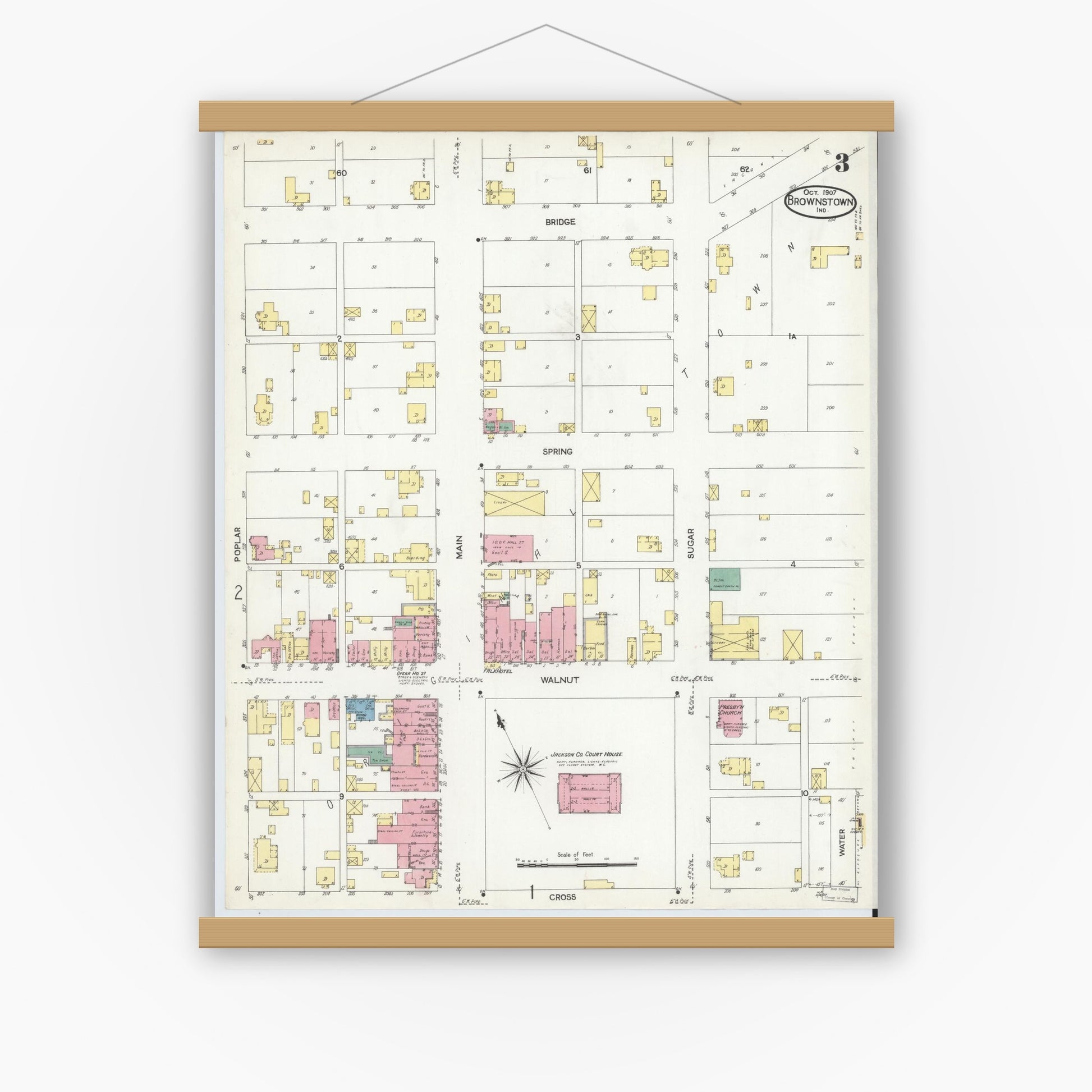 Old map wall art mockup — magnetic wood frame on white wall — Sanborn Fire Insurance Map from Brownstown, Jackson County, Indiana (1907), Sheet #0003