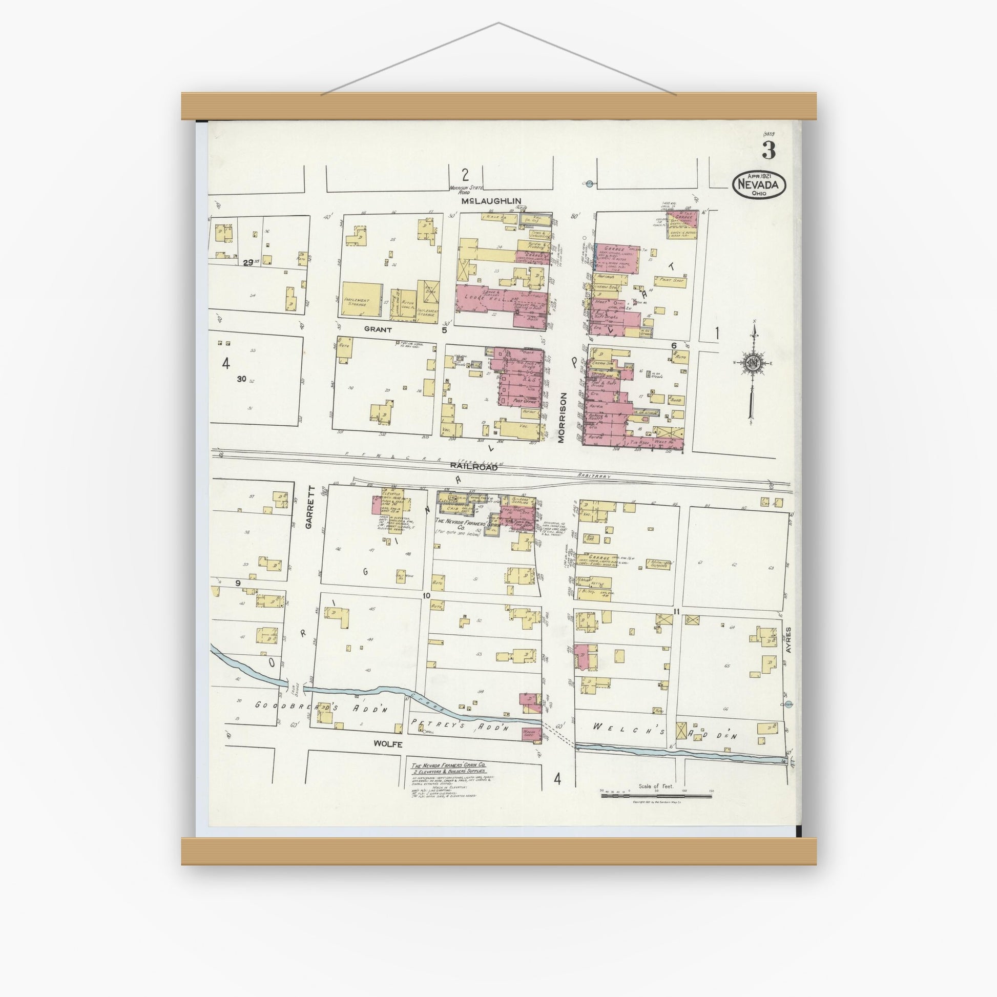 Old map wall art mockup — magnetic wood frame on white wall — Sanborn Fire Insurance Map from Nevada, Wyandot County, Ohio (1921), Sheet #0003