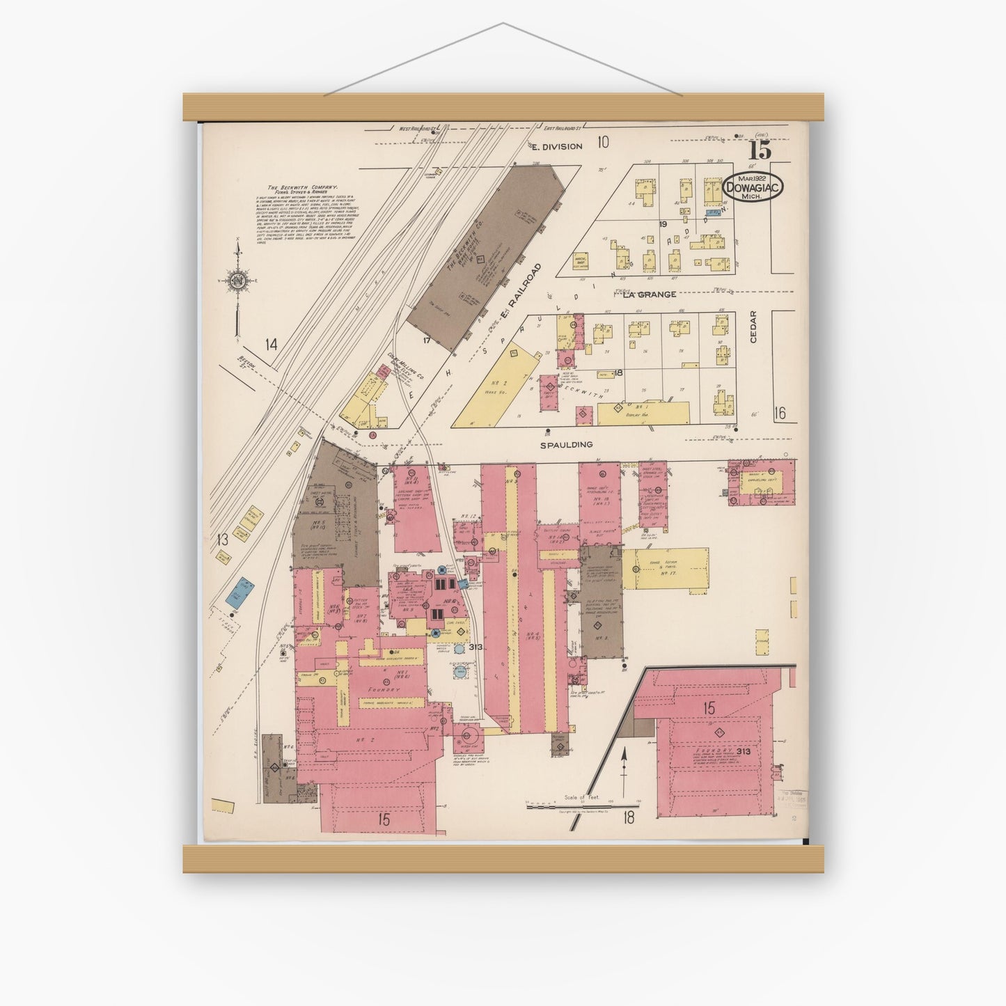 Old map wall art mockup — magnetic wood frame on white wall — Sanborn Fire Insurance Map from Dowagiac, Cass County, Michigan (1922), Sheet #0015