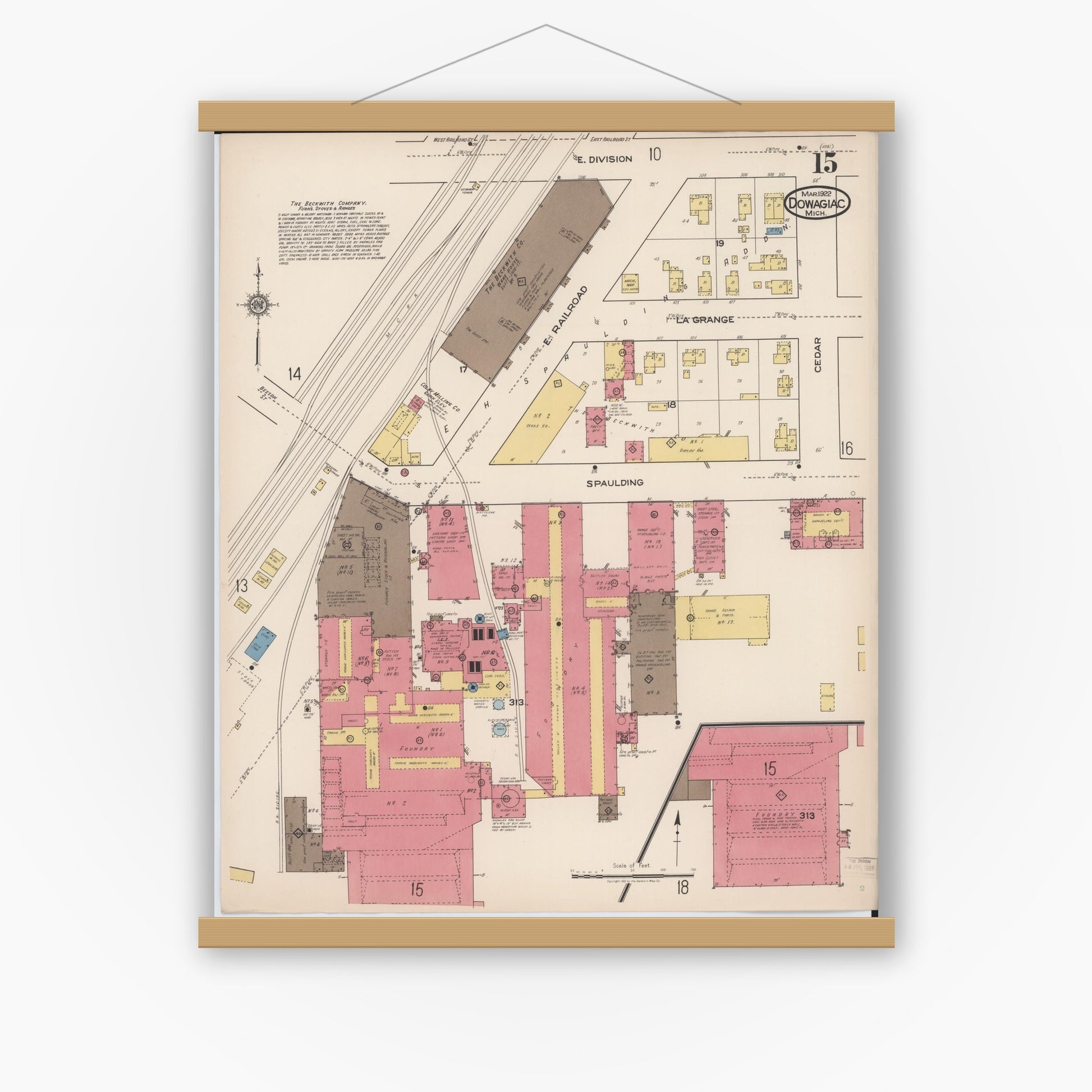 Old map wall art mockup — magnetic wood frame on white wall — Sanborn Fire Insurance Map from Dowagiac, Cass County, Michigan (1922), Sheet #0015