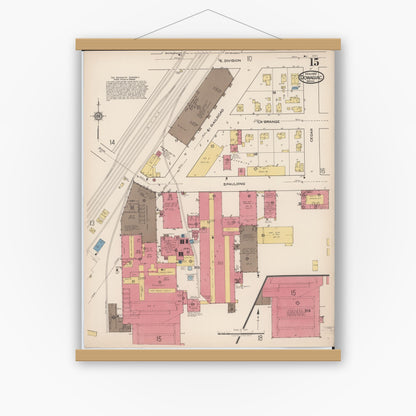 Old map wall art mockup — magnetic wood frame on white wall — Sanborn Fire Insurance Map from Dowagiac, Cass County, Michigan (1922), Sheet #0015