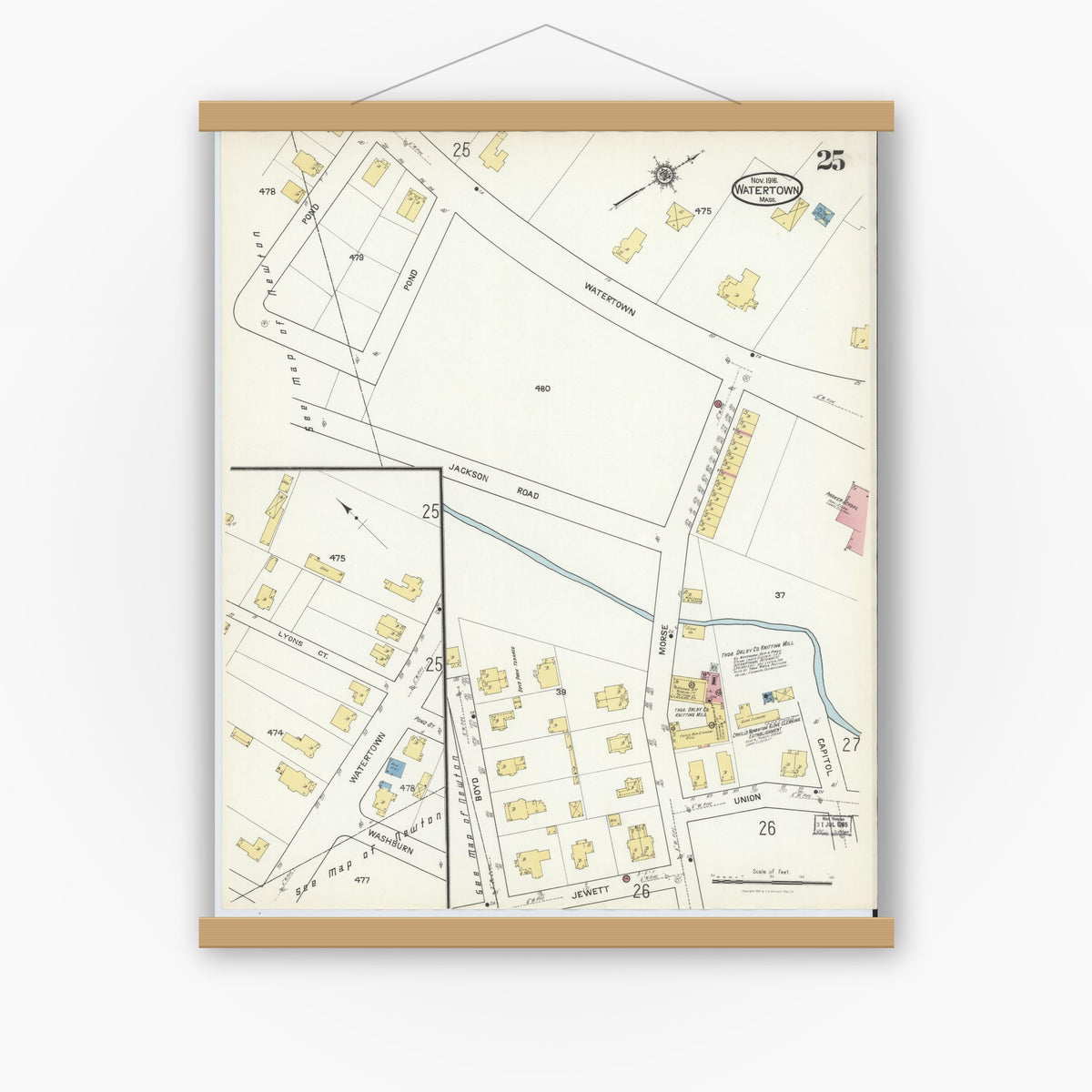 Old map wall art mockup — magnetic wood frame on white wall — Sanborn Fire Insurance Map from Watertown, Middlesex County, Massachusetts (1916), Sheet #0025