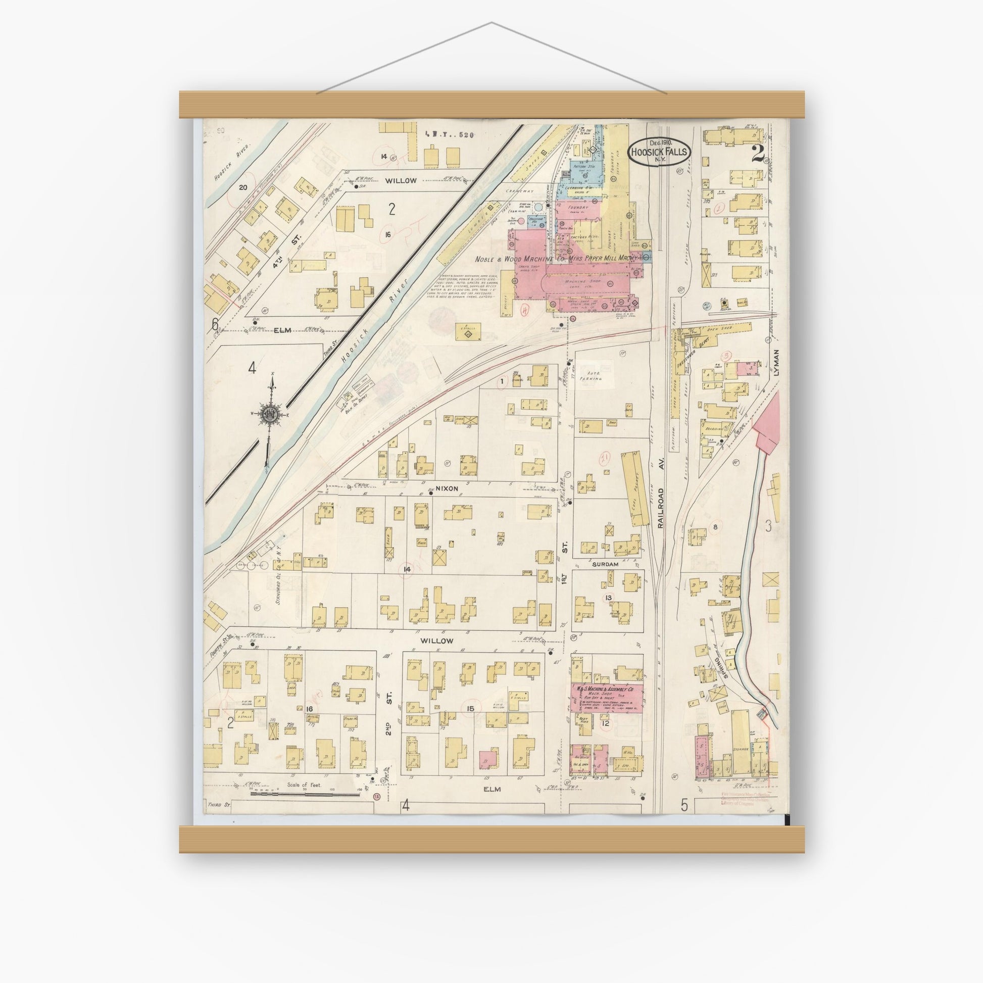 Old map wall art mockup — magnetic wood frame on white wall — Sanborn Fire Insurance Map from Hoosick Falls, Rensselaer County, New York (1945), Sheet #0002
