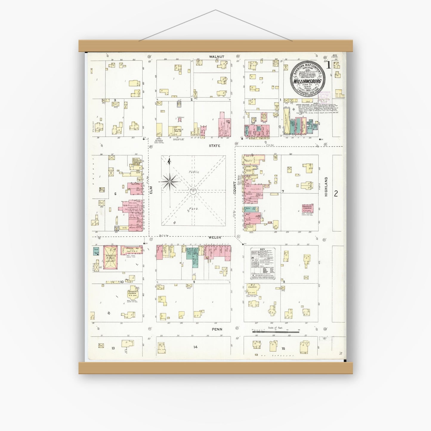 Old map wall art mockup — magnetic wood frame on white wall — Sanborn Fire Insurance Map from Williamsburg, Iowa County, Iowa (1906) â€” Complete Set
