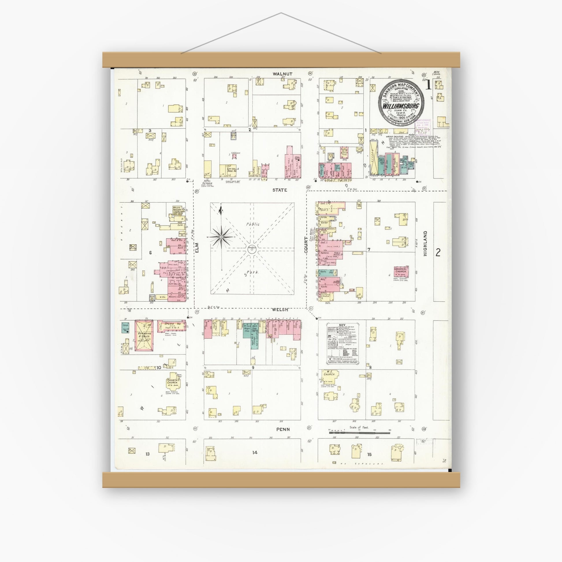 Old map wall art mockup — magnetic wood frame on white wall — Sanborn Fire Insurance Map from Williamsburg, Iowa County, Iowa (1906) â€” Complete Set
