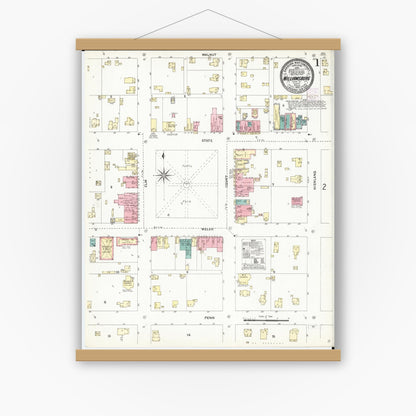 Old map wall art mockup — magnetic wood frame on white wall — Sanborn Fire Insurance Map from Williamsburg, Iowa County, Iowa (1906) â€” Complete Set