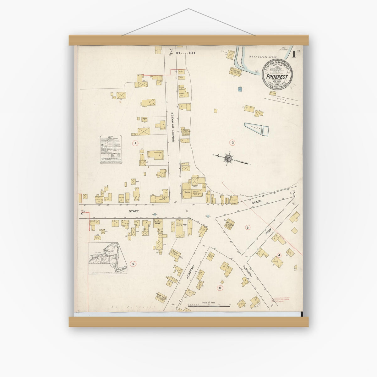 Old map wall art mockup — magnetic wood frame on white wall — Sanborn Fire Insurance Map from Prospect, Oneida County, New York (1912), Sheet #0001