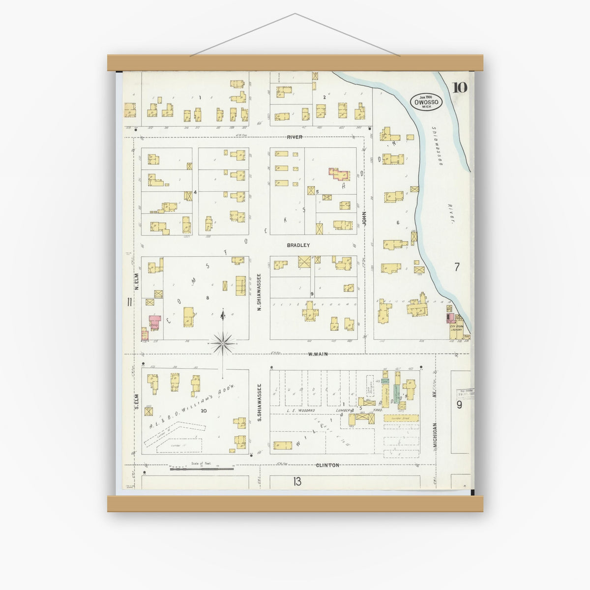 Old map wall art mockup — magnetic wood frame on white wall — Sanborn Fire Insurance Map from Owosso, Shiawassee County, Michigan (1900), Sheet #0010