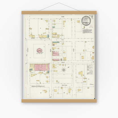 Old map wall art mockup — magnetic wood frame on white wall — Sanborn Fire Insurance Map from Caldwell, Burleson County, Texas (1896), Sheet #0001