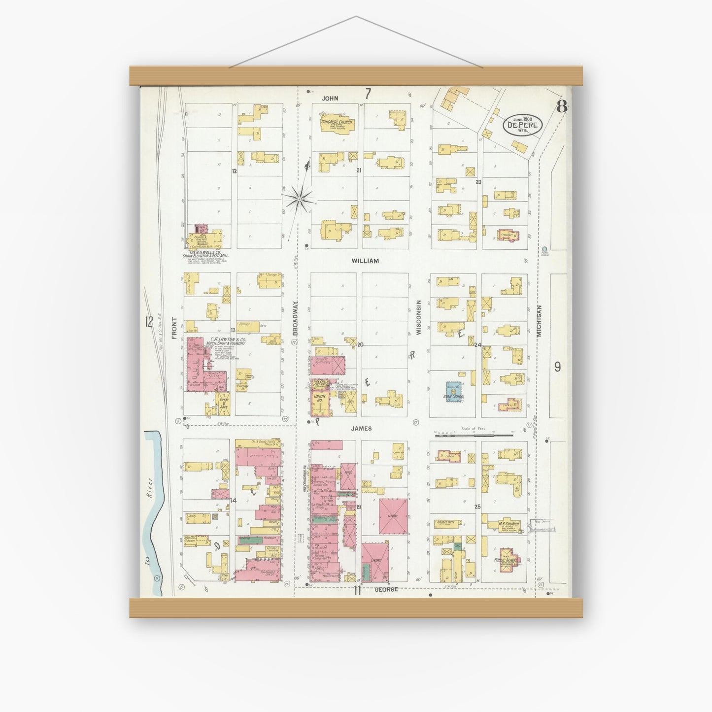 Old map wall art mockup — magnetic wood frame on white wall — Sanborn Fire Insurance Map from De Pere, Brown County, Wisconsin (1900), Sheet #0008
