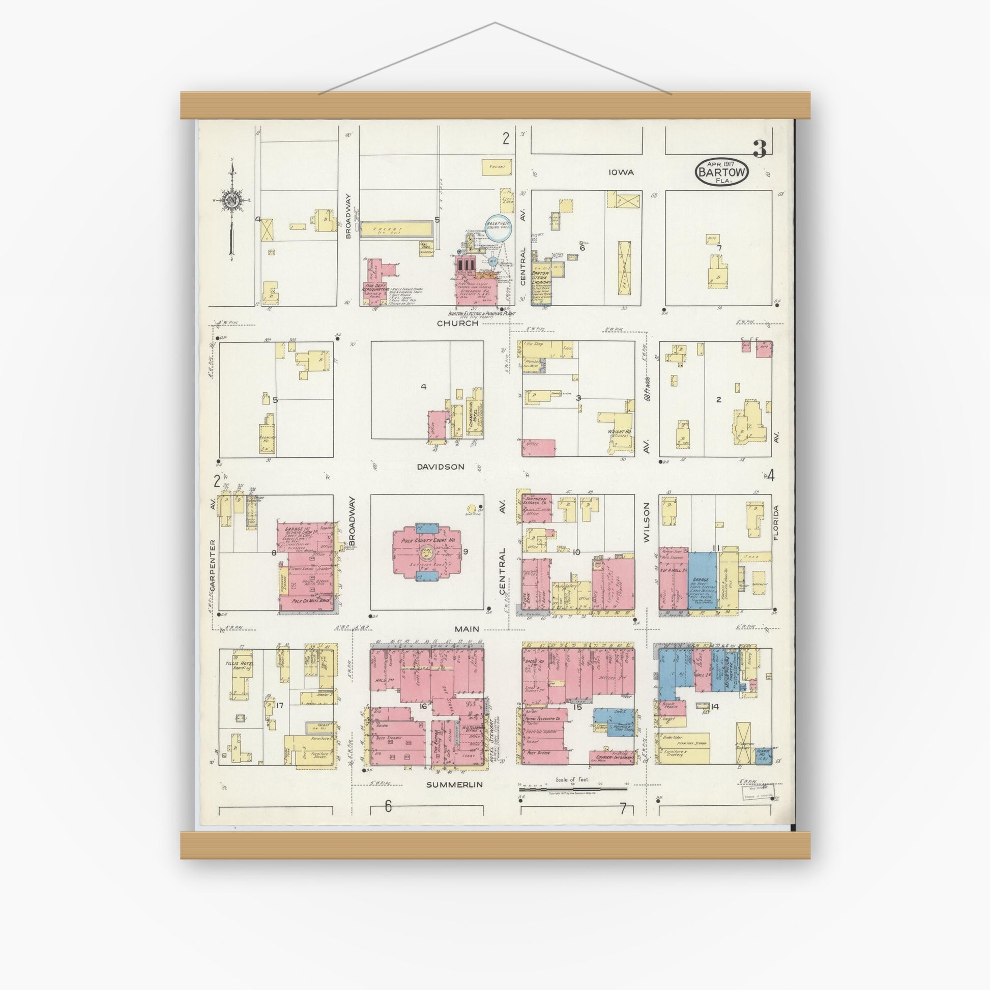 Old map wall art mockup — magnetic wood frame on white wall — Sanborn Fire Insurance Map from Bartow, Polk County, Florida (1917), Sheet #0003