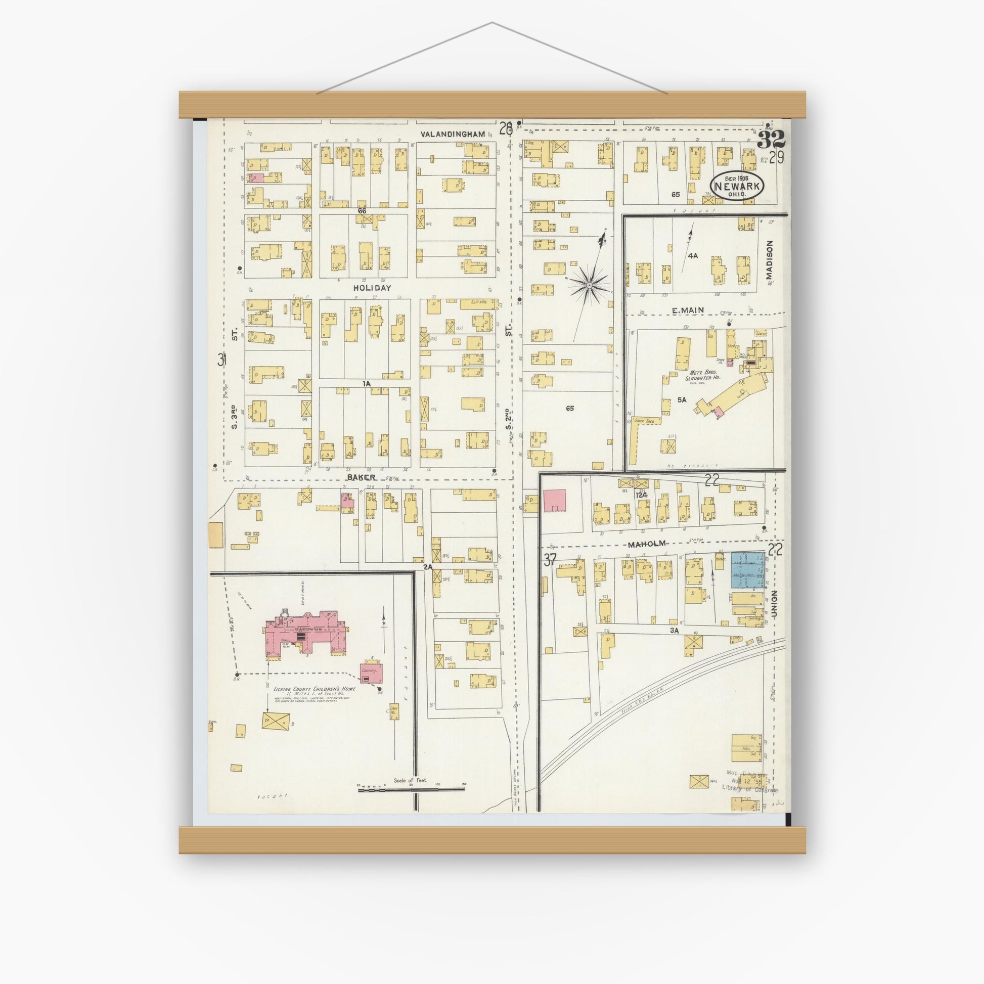 Old map wall art mockup — magnetic wood frame on white wall — Sanborn Fire Insurance Map from Newark, Licking County, Ohio (1905), Sheet #0032