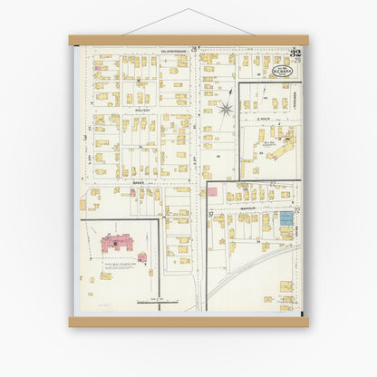 Old map wall art mockup — magnetic wood frame on white wall — Sanborn Fire Insurance Map from Newark, Licking County, Ohio (1905), Sheet #0032