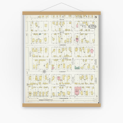 Old map wall art mockup — magnetic wood frame on white wall — Sanborn Fire Insurance Map from Bluffton, Wells County, Indiana (1895), Sheet #0003