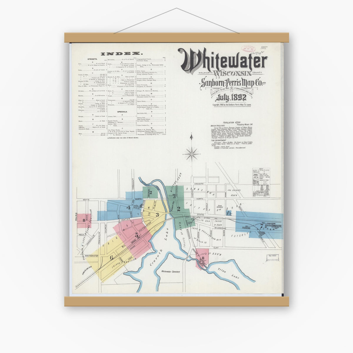 Old map wall art mockup — magnetic wood frame on white wall — Sanborn Fire Insurance Map from Whitewater, Walworth County, Wisconsin (1892) - Complete Map Set
