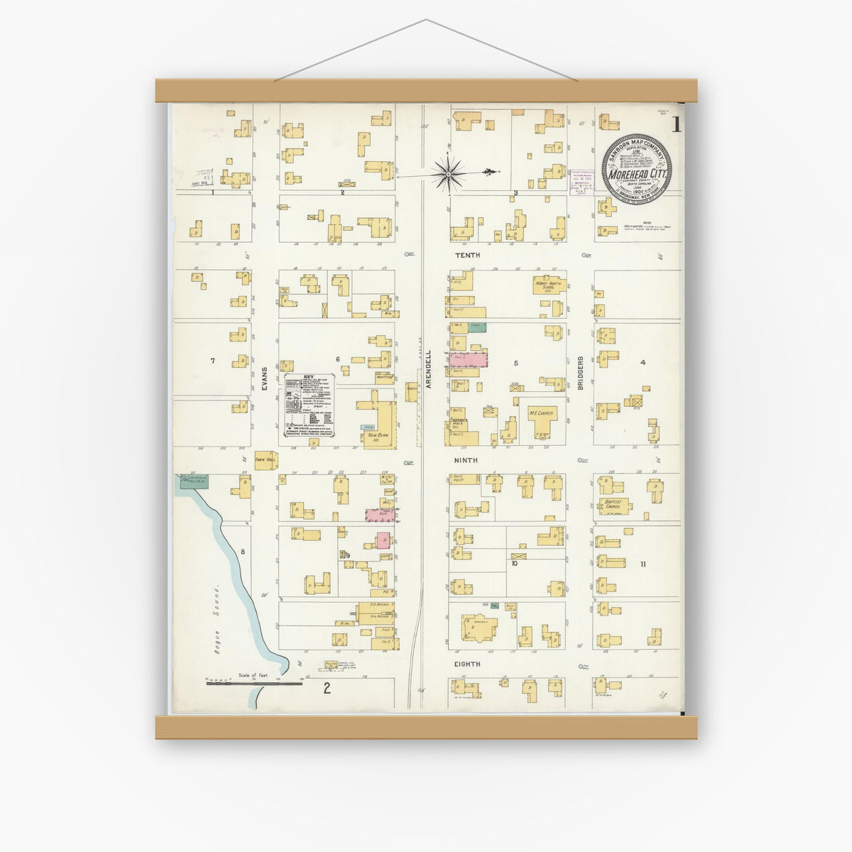 Old map wall art mockup — magnetic wood frame on white wall — Sanborn Fire Insurance Map from Morehead City, Carteret County, North Carolina (1904) - Complete Map Set