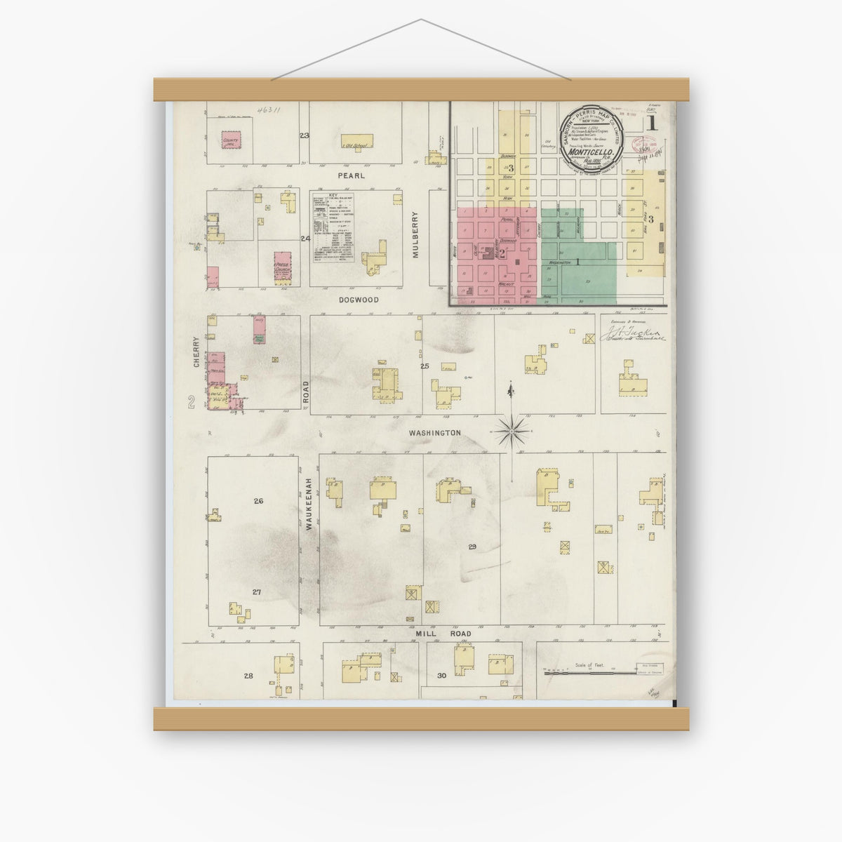 Old map wall art mockup — magnetic wood frame on white wall — Sanborn Fire Insurance Map from Monticello, Jefferson County, Florida (1895), Sheet #0001