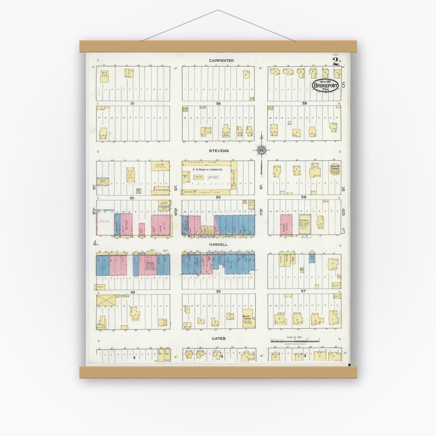 Old map wall art mockup — magnetic wood frame on white wall — Sanborn Fire Insurance Map from Bridgeport, Wise County, Texas (1921), Sheet #0002