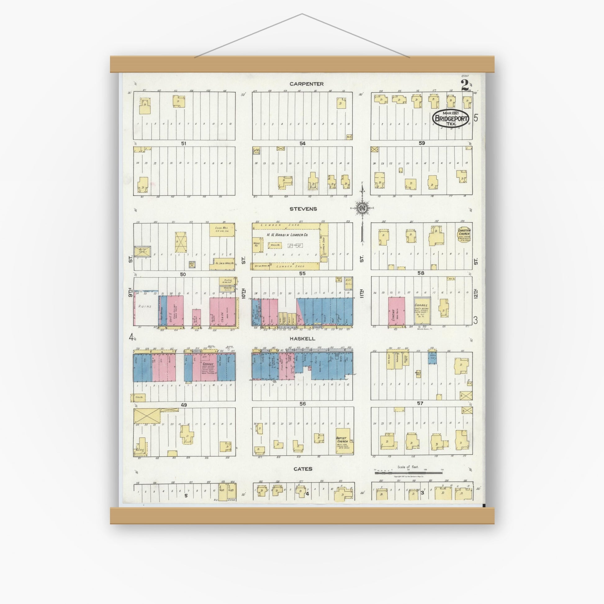 Old map wall art mockup — magnetic wood frame on white wall — Sanborn Fire Insurance Map from Bridgeport, Wise County, Texas (1921), Sheet #0002