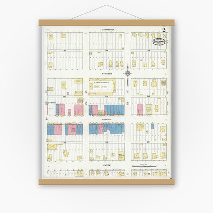Old map wall art mockup — magnetic wood frame on white wall — Sanborn Fire Insurance Map from Bridgeport, Wise County, Texas (1921), Sheet #0002