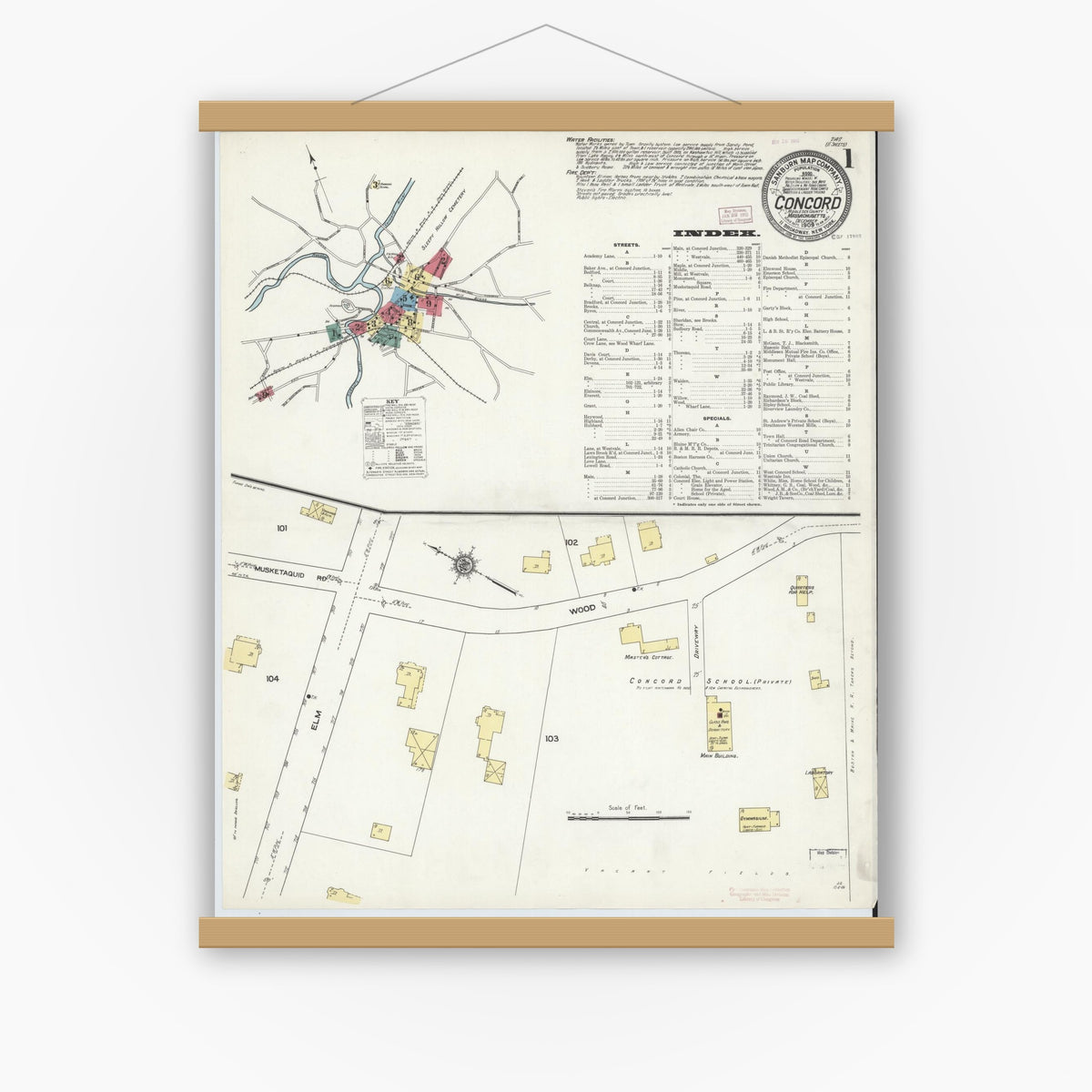 Old map wall art mockup — magnetic wood frame on white wall — Sanborn Fire Insurance Map from Concord, Middlesex County, Massachusetts (1909) - Complete Map Set