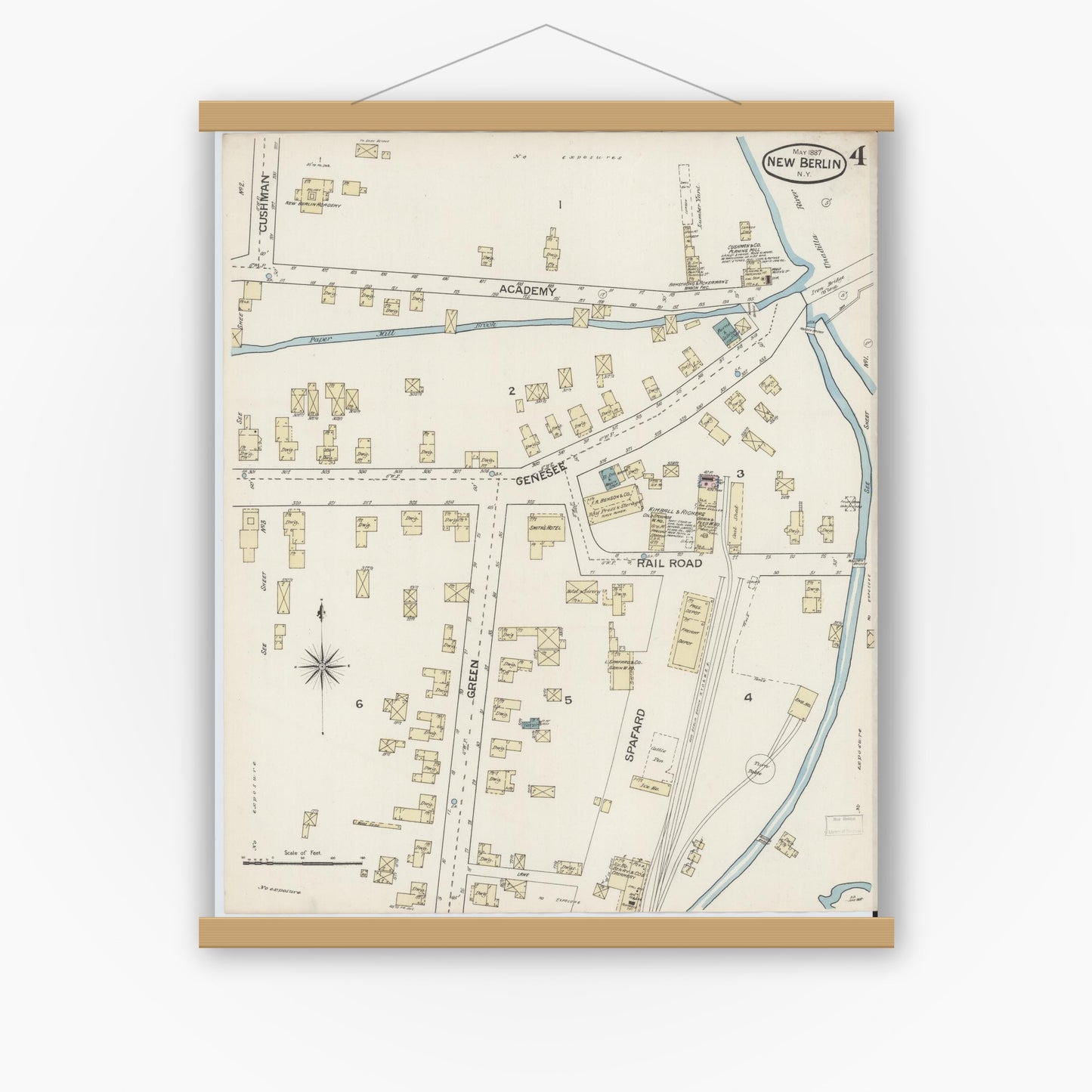 Old map wall art mockup — magnetic wood frame on white wall — Sanborn Fire Insurance Map from New Berlin, Chenango County, New York (1887), Sheet #0004