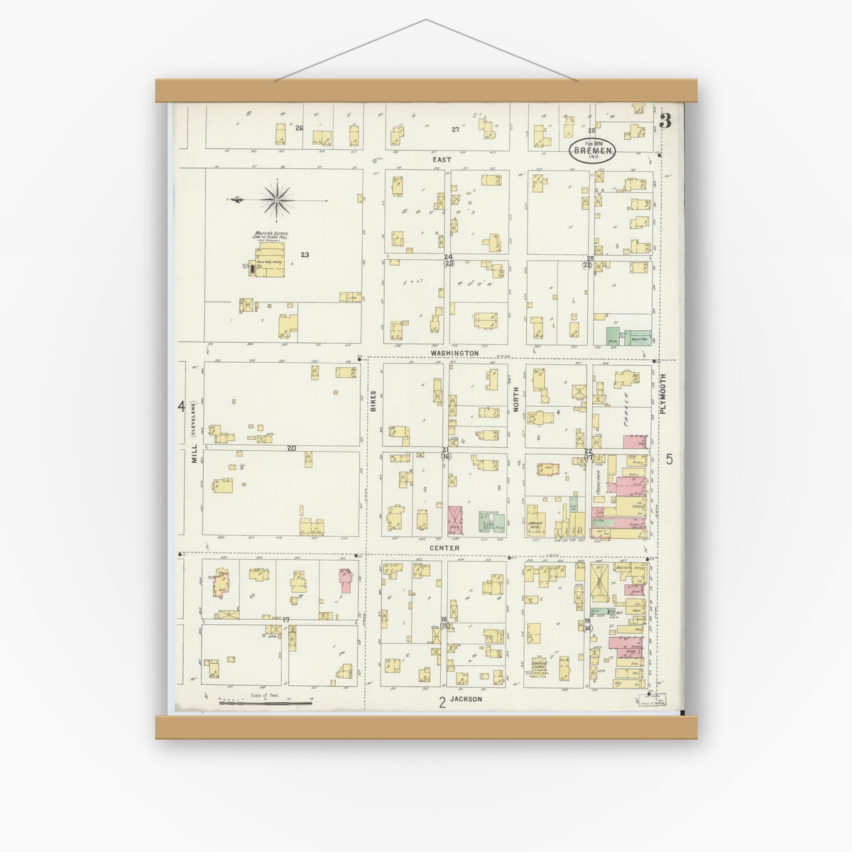 Old map wall art mockup — magnetic wood frame on white wall — Sanborn Fire Insurance Map from Bremen, Marshall County, Indiana (1898), Sheet #0003