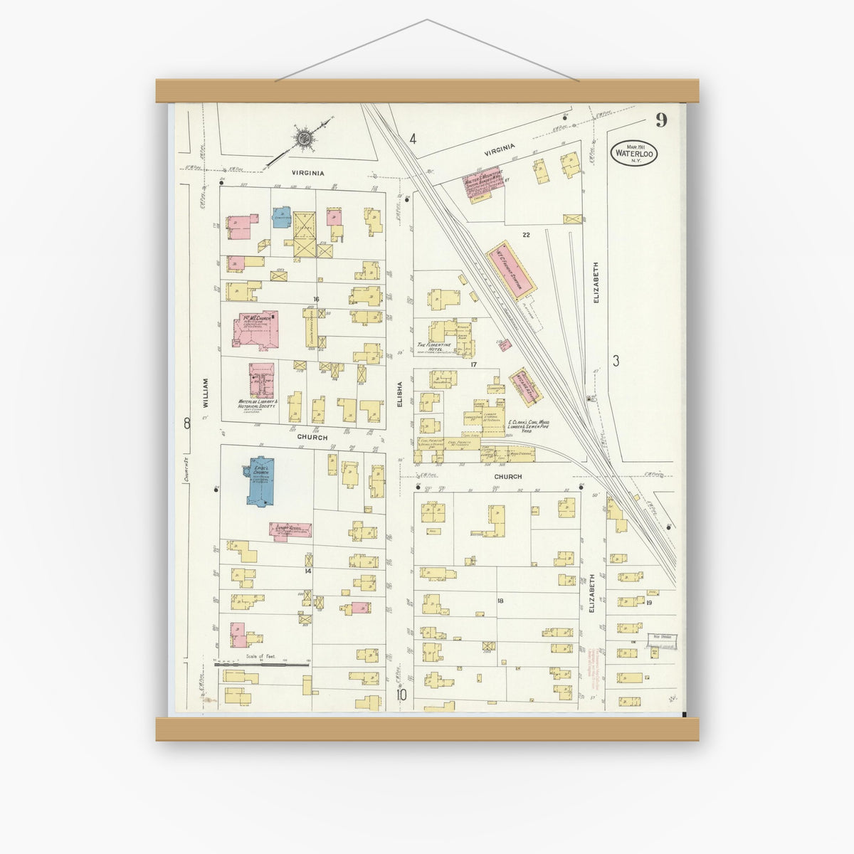 Old map wall art mockup — magnetic wood frame on white wall — Sanborn Fire Insurance Map from Waterloo, Seneca County, New York (1911), Sheet #0009