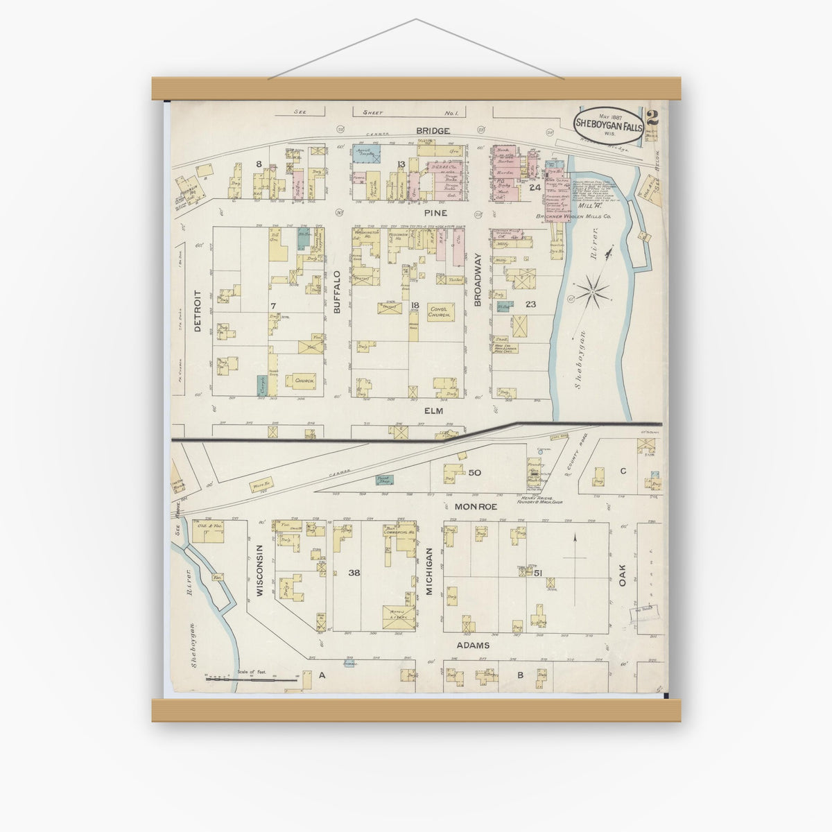 Old map wall art mockup — magnetic wood frame on white wall — Sanborn Fire Insurance Map from Sheboygan Falls, Sheboygan County, Wisconsin (1887), Sheet #0002