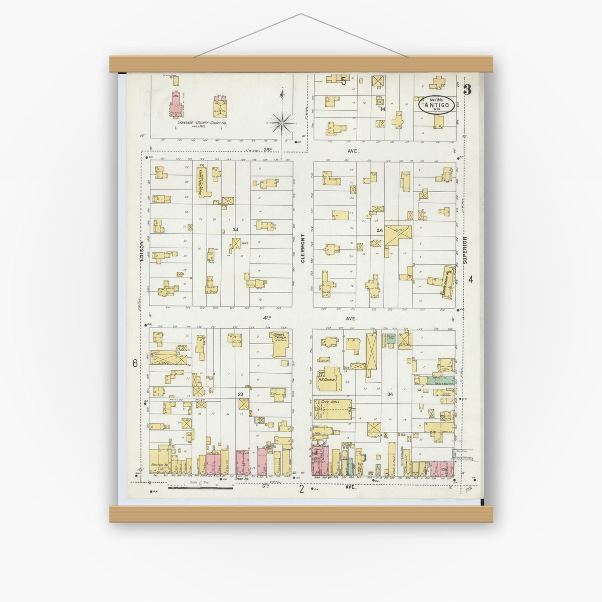 Old map wall art mockup — magnetic wood frame on white wall — Sanborn Fire Insurance Map from Antigo, Langlade County, Wisconsin (1898), Sheet #0003