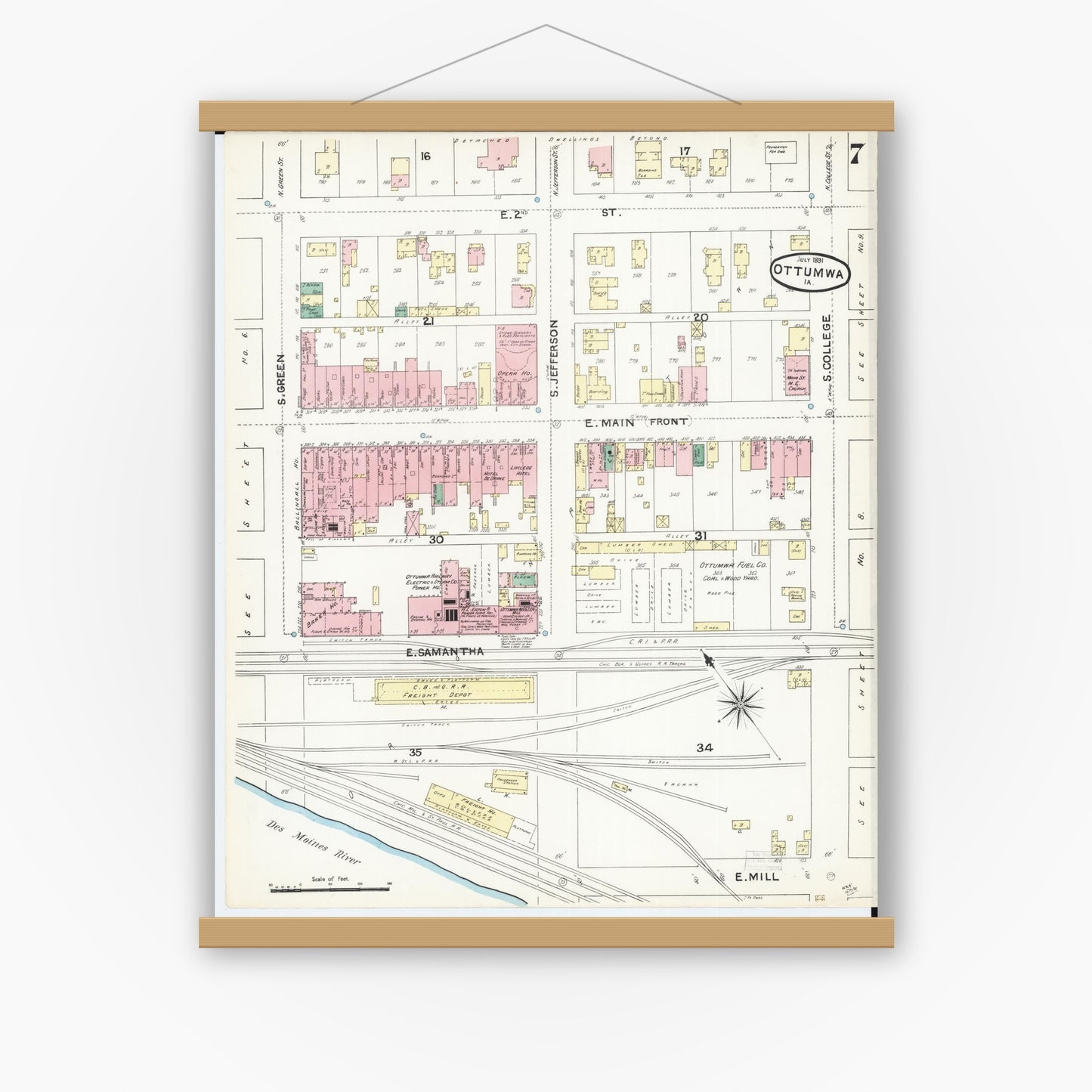 Old map wall art mockup — magnetic wood frame on white wall — Sanborn Fire Insurance Map from Ottumwa, Wapello County, Iowa (1891), Sheet #0007