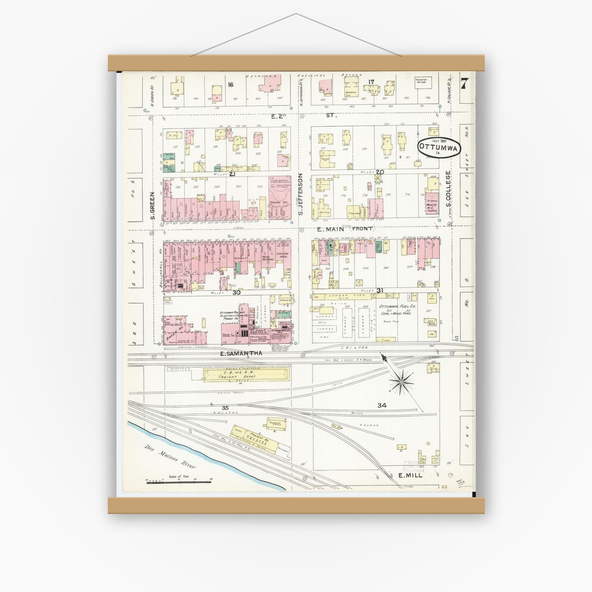 Old map wall art mockup — magnetic wood frame on white wall — Sanborn Fire Insurance Map from Ottumwa, Wapello County, Iowa (1891), Sheet #0007