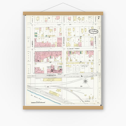 Old map wall art mockup — magnetic wood frame on white wall — Sanborn Fire Insurance Map from Ottumwa, Wapello County, Iowa (1891), Sheet #0007
