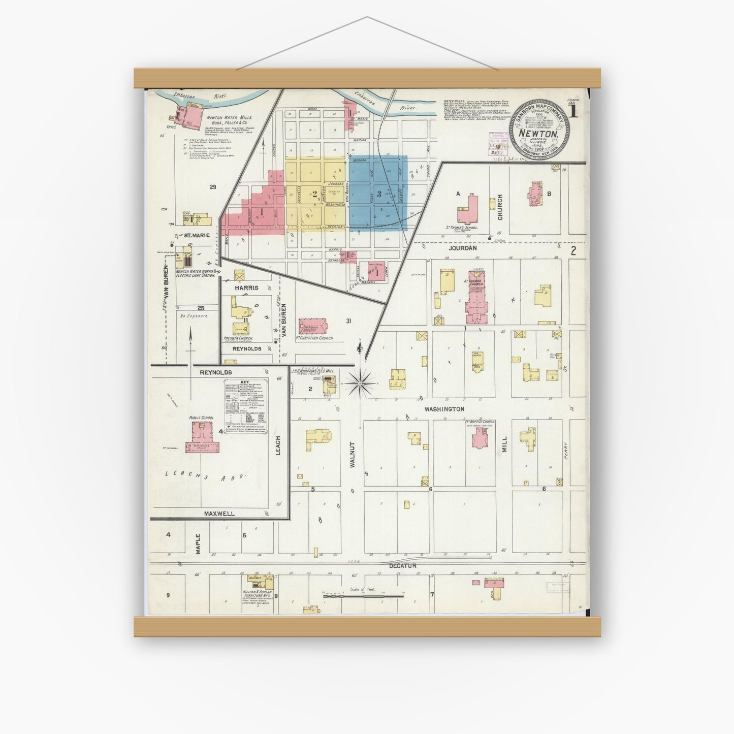 Old map wall art mockup — magnetic wood frame on white wall — Sanborn Fire Insurance Map from Newton, Jasper County, Illinois (1902) - Complete Map Set