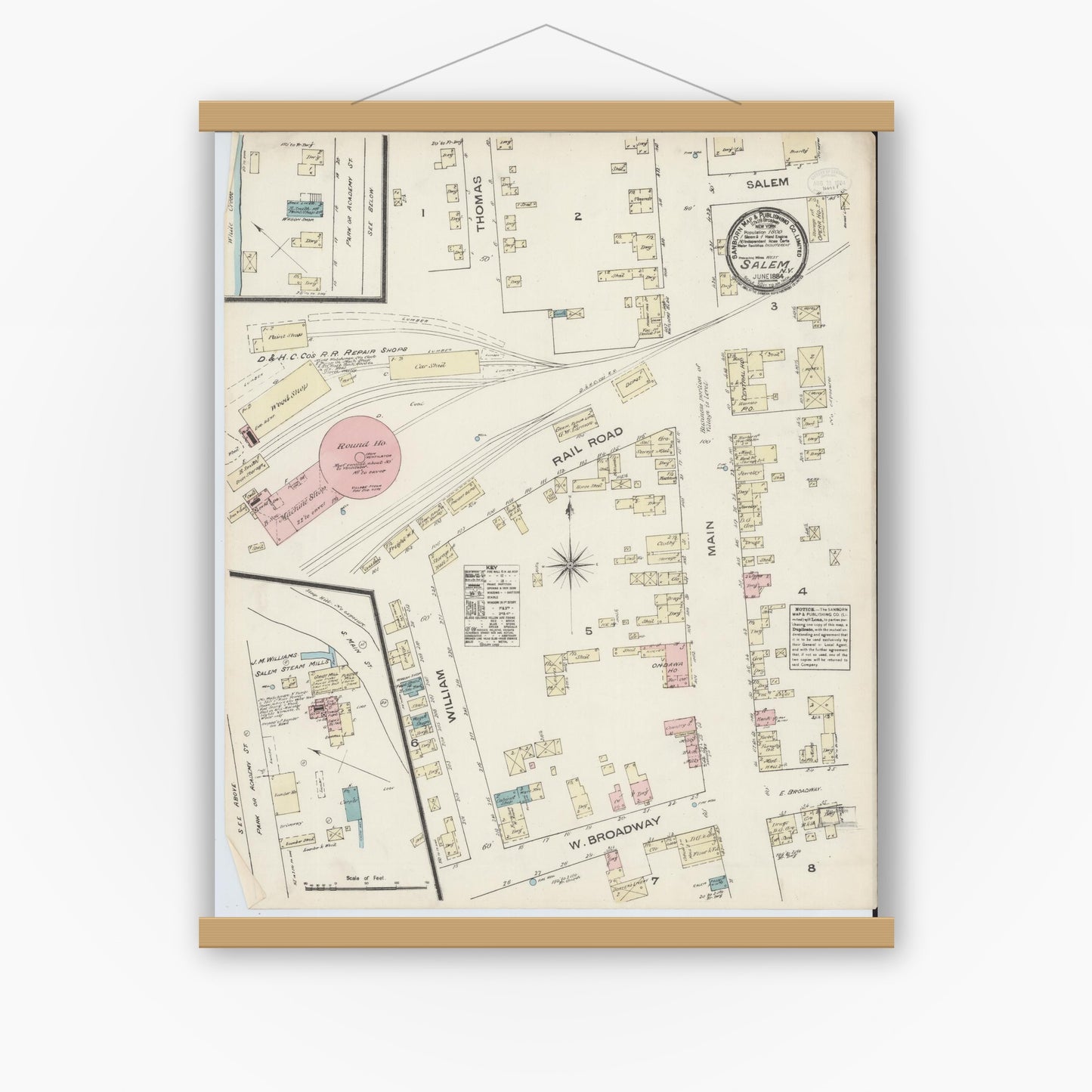 Old map wall art mockup — magnetic wood frame on white wall — Sanborn Fire Insurance Map from Salem, Washington County, New York (1884), Sheet #0001