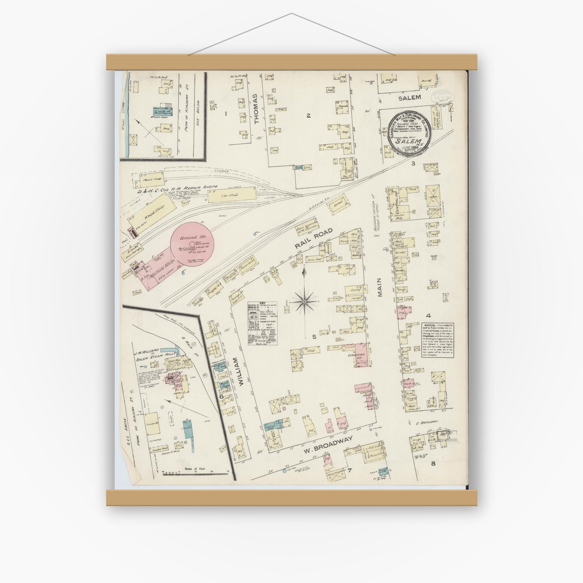 Old map wall art mockup — magnetic wood frame on white wall — Sanborn Fire Insurance Map from Salem, Washington County, New York (1884), Sheet #0001