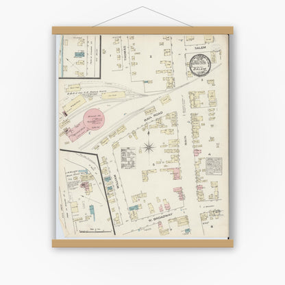 Old map wall art mockup — magnetic wood frame on white wall — Sanborn Fire Insurance Map from Salem, Washington County, New York (1884), Sheet #0001