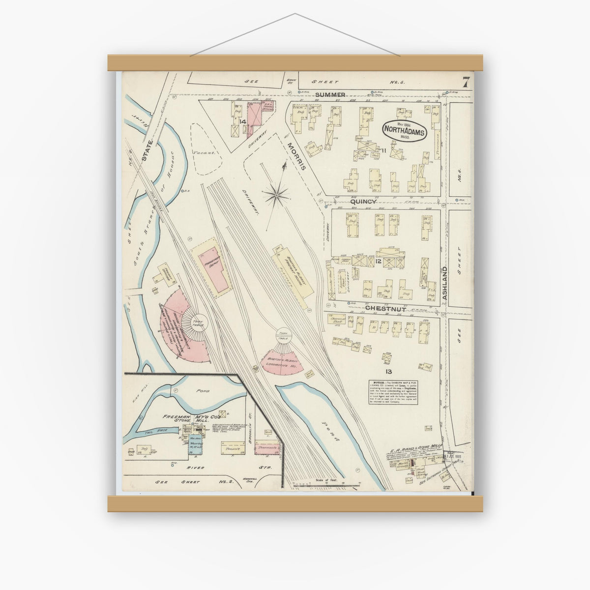 Old map wall art mockup — magnetic wood frame on white wall — Sanborn Fire Insurance Map from North Adams, Berkshire County, Massachusetts (1884), Sheet #0007
