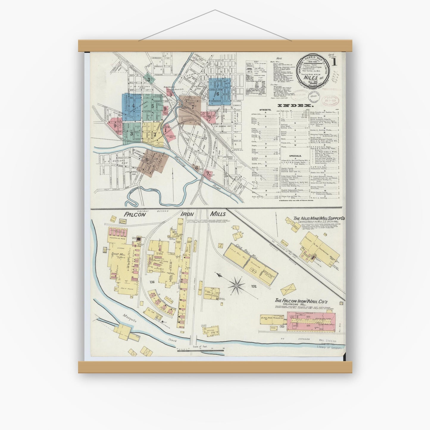 Old map wall art mockup — magnetic wood frame on white wall — Sanborn Fire Insurance Map from Niles, Trumbull County, Ohio (1898), Sheet #0001
