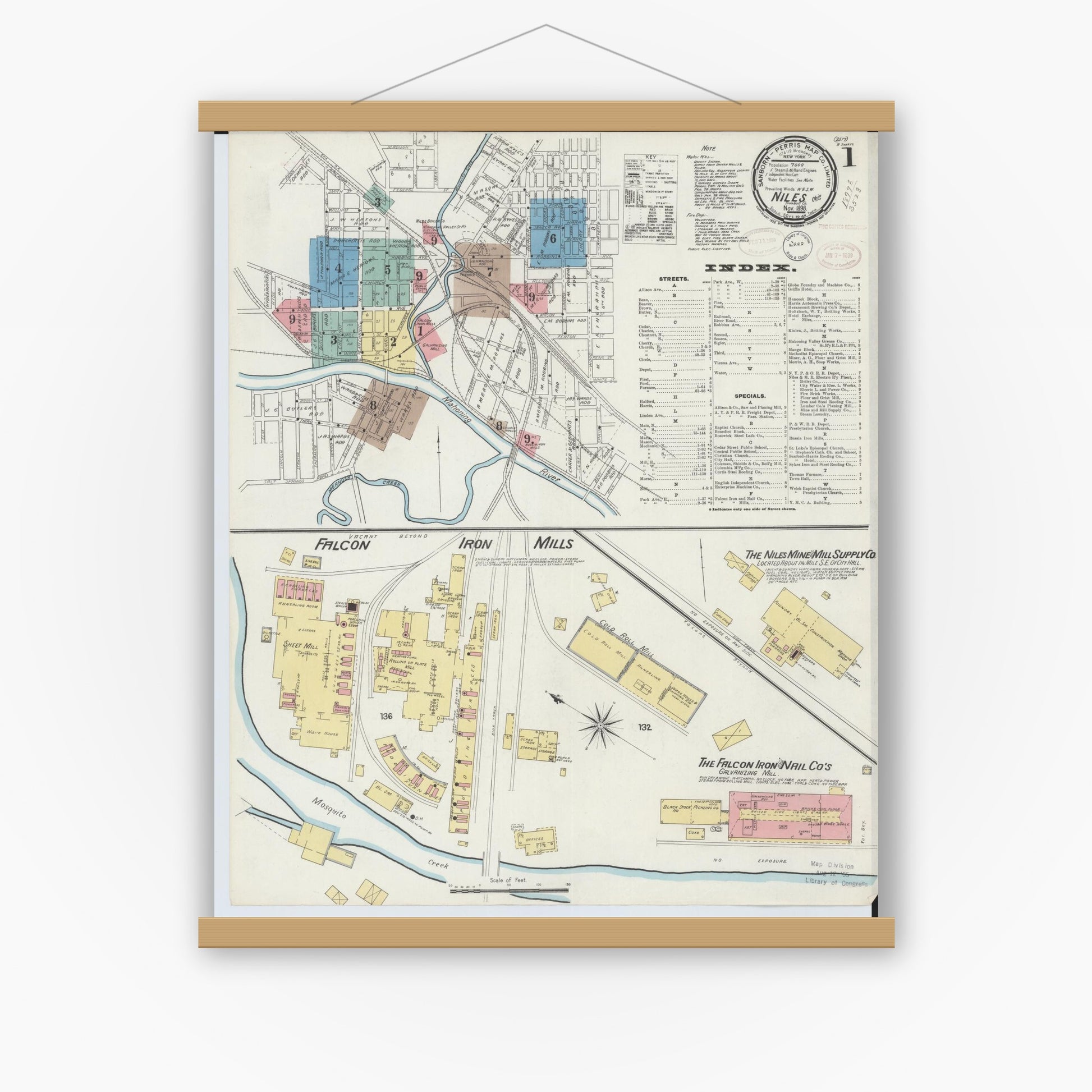 Old map wall art mockup — magnetic wood frame on white wall — Sanborn Fire Insurance Map from Niles, Trumbull County, Ohio (1898), Sheet #0001