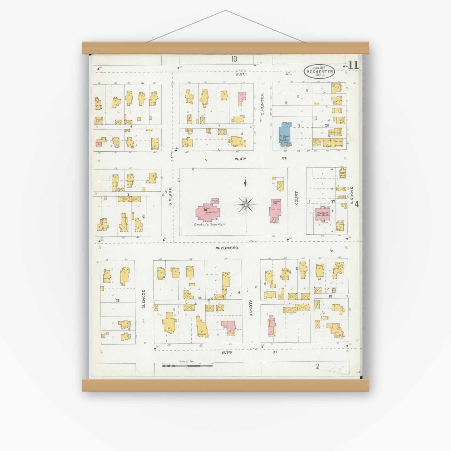 Old map wall art mockup — magnetic wood frame on white wall — Sanborn Fire Insurance Map from Rochester, Olmsted County, Minnesota (1904), Sheet #0011