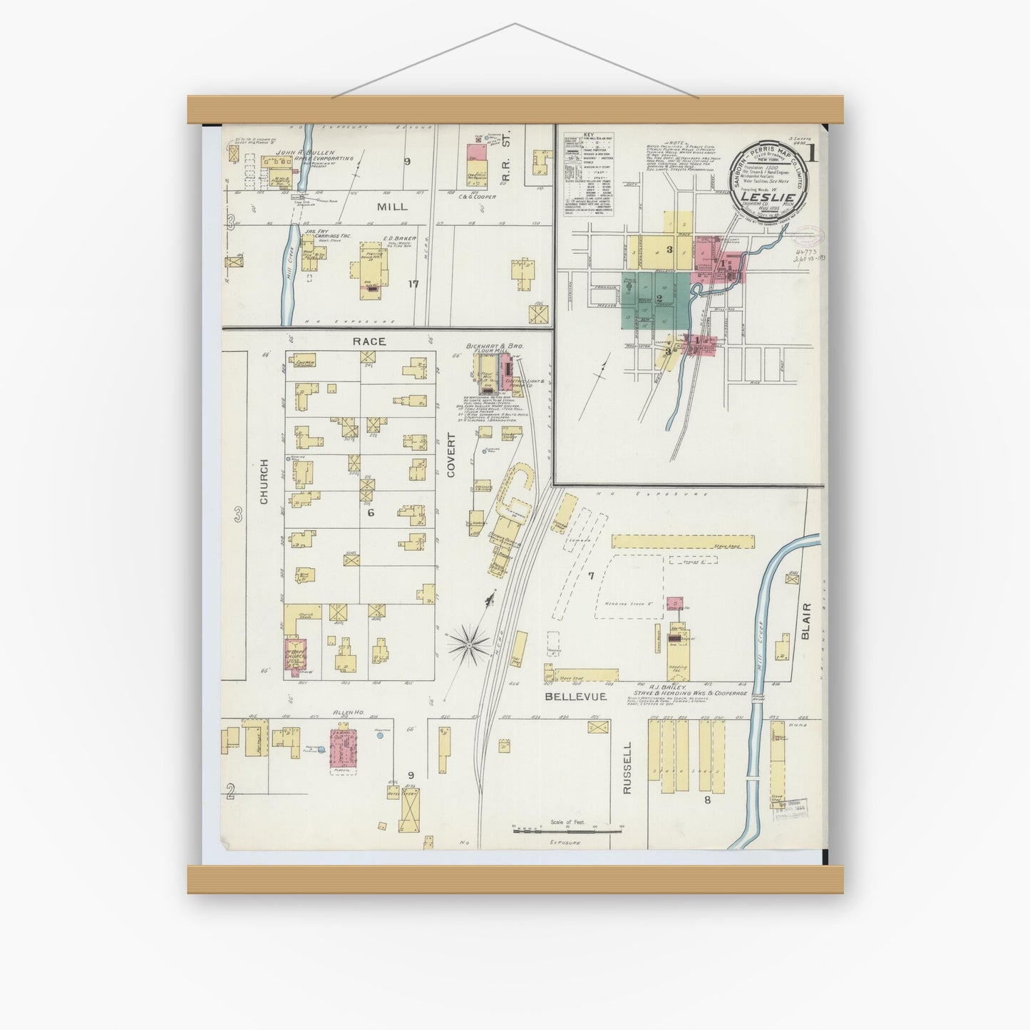 Old map wall art mockup — magnetic wood frame on white wall — Sanborn Fire Insurance Map from Leslie, Ingham County, Michigan (1893) - Complete Map Set