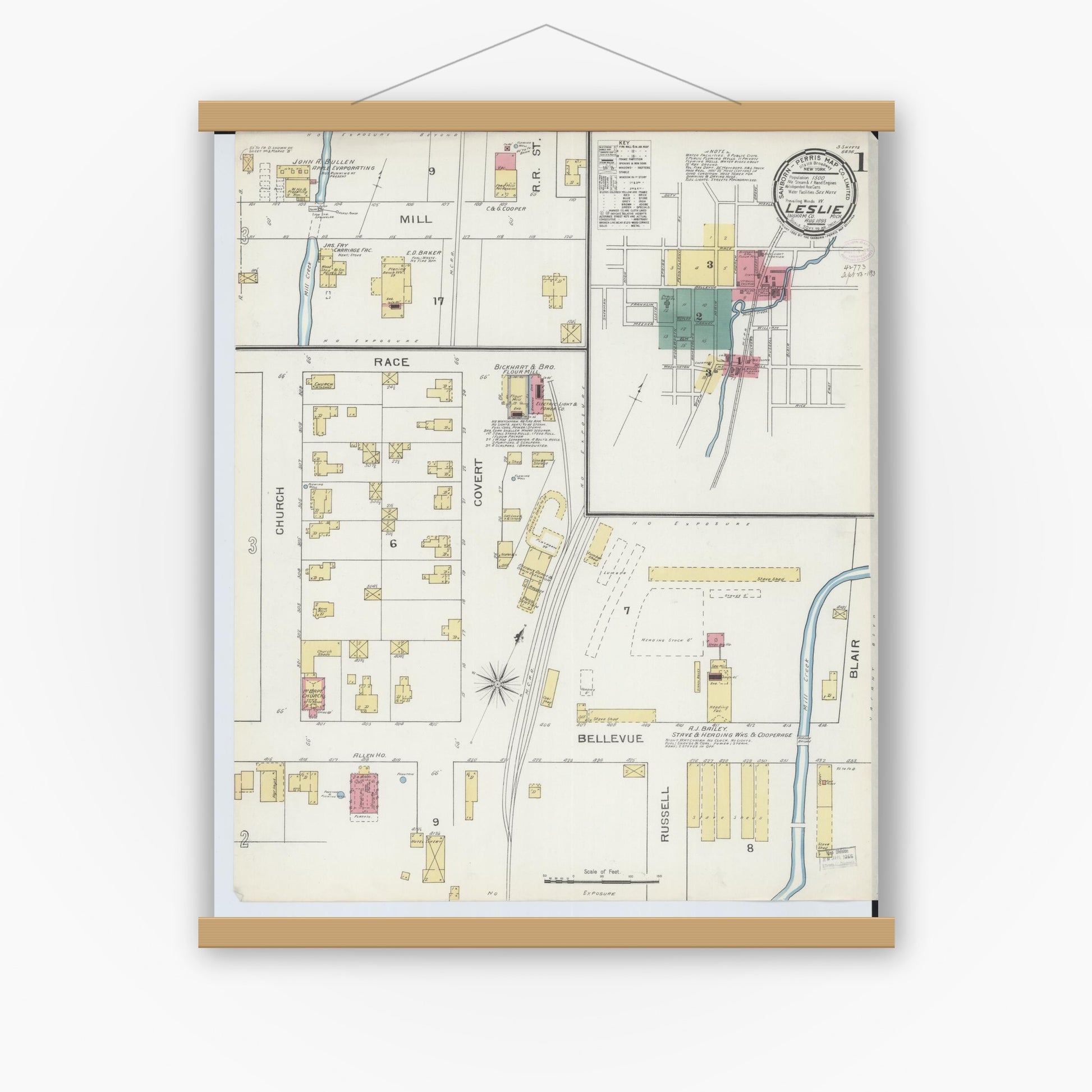 Old map wall art mockup — magnetic wood frame on white wall — Sanborn Fire Insurance Map from Leslie, Ingham County, Michigan (1893) - Complete Map Set