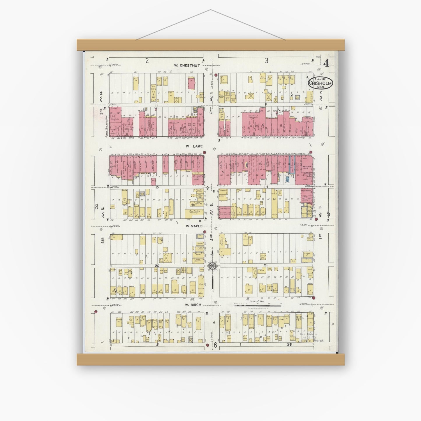 Old map wall art mockup — magnetic wood frame on white wall — Sanborn Fire Insurance Map from Chisholm, Saint Louis County, Minnesota (1921), Sheet #0004