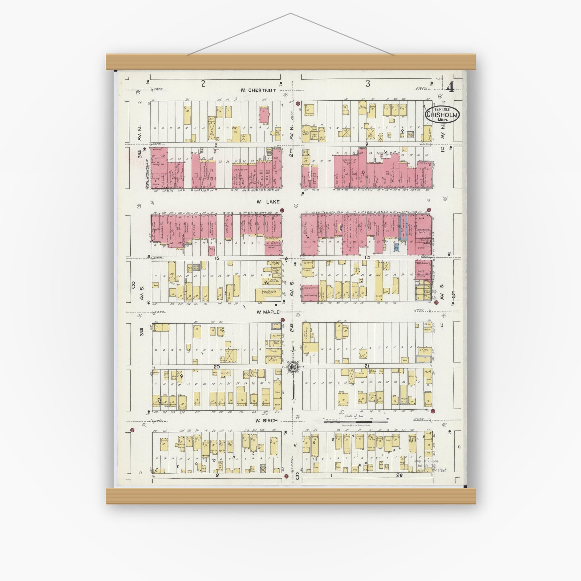 Old map wall art mockup — magnetic wood frame on white wall — Sanborn Fire Insurance Map from Chisholm, Saint Louis County, Minnesota (1921), Sheet #0004